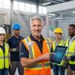 Diverse workers and trainer reviewing OSHA outreach training checklist at a mixed construction warehouse and office site