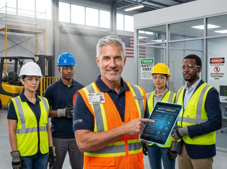 Diverse workers and trainer reviewing OSHA outreach training checklist at a mixed construction warehouse and office site