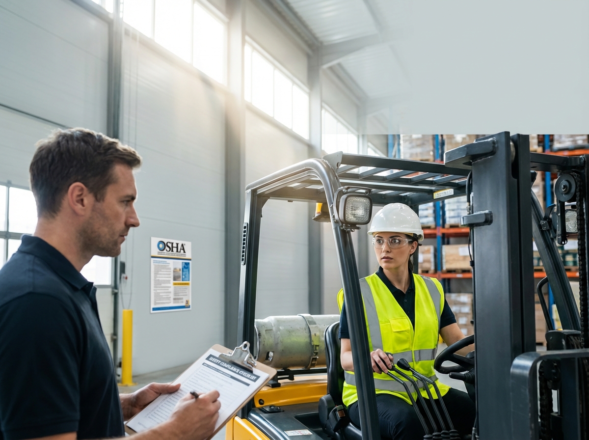 Warehouse forklift operator training with trainer holding a clipboard and a visible OSHA compliance checklist on the wall