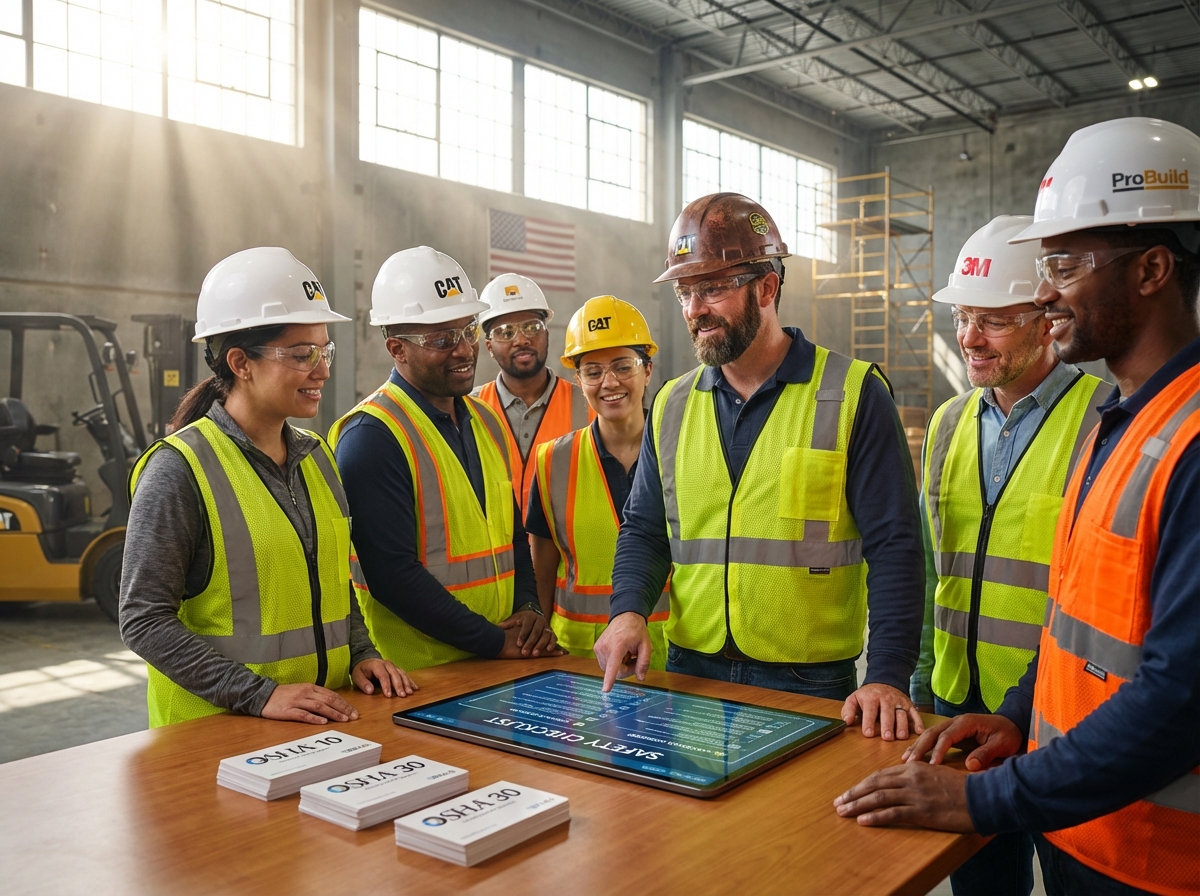 Diverse construction and industrial workers in PPE attending OSHA safety training with an instructor showing OSHA cards and a safety checklist on a tablet