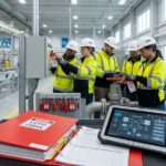 Maintenance workers applying red locks and warning tags to an electrical disconnect with a LOTO compliance binder and tablet visible on a factory floor