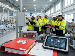 Maintenance workers applying red locks and warning tags to an electrical disconnect with a LOTO compliance binder and tablet visible on a factory floor