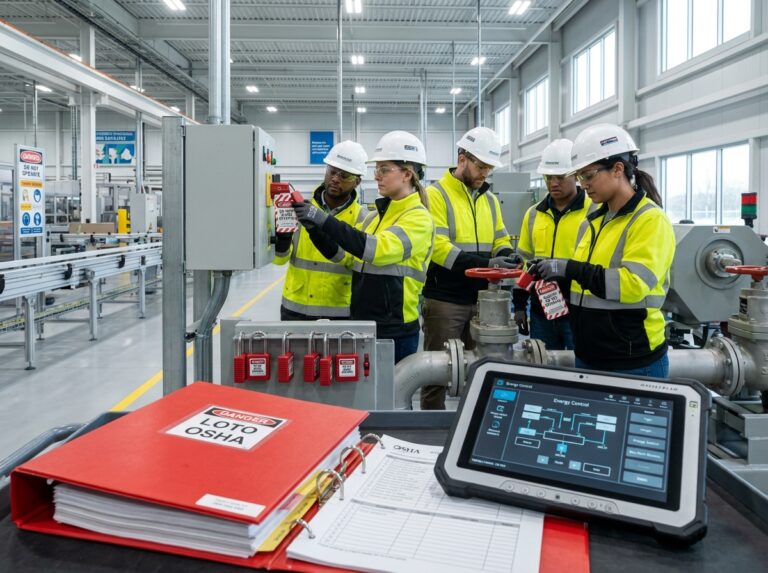 Maintenance workers applying red locks and warning tags to an electrical disconnect with a LOTO compliance binder and tablet visible on a factory floor