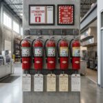 Row of labeled fire extinguishers for classes A B C D and K mounted in a workplace with visible OSHA safety signage and inspection tags