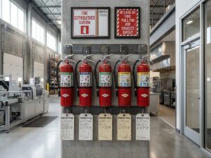 Row of labeled fire extinguishers for classes A B C D and K mounted in a workplace with visible OSHA safety signage and inspection tags
