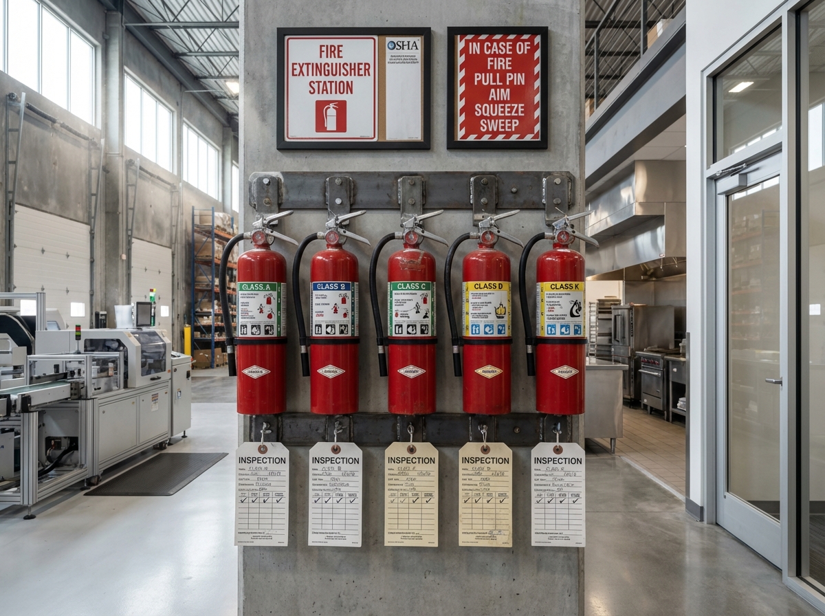 Row of labeled fire extinguishers for classes A B C D and K mounted in a workplace with visible OSHA safety signage and inspection tags