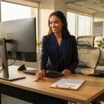 Office worker adjusting an ergonomic sit-stand workstation with OSHA checklist clipboard, dual monitors at eye level, ergonomic chair and natural light