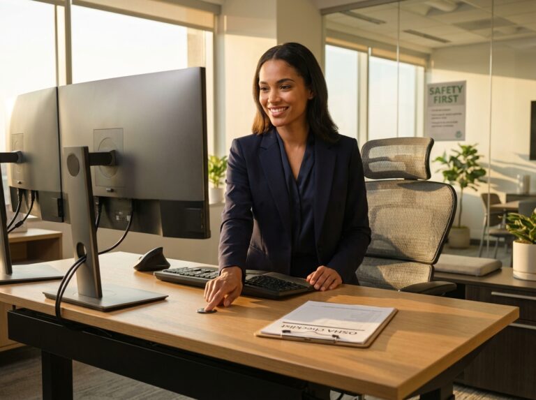 Office worker adjusting an ergonomic sit-stand workstation with OSHA checklist clipboard, dual monitors at eye level, ergonomic chair and natural light