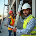 Safety supervisor setting up an extension ladder wearing PPE with a stepladder and a fixed ladder with a ladder safety system in the background and an OSHA checklist on a clipboard