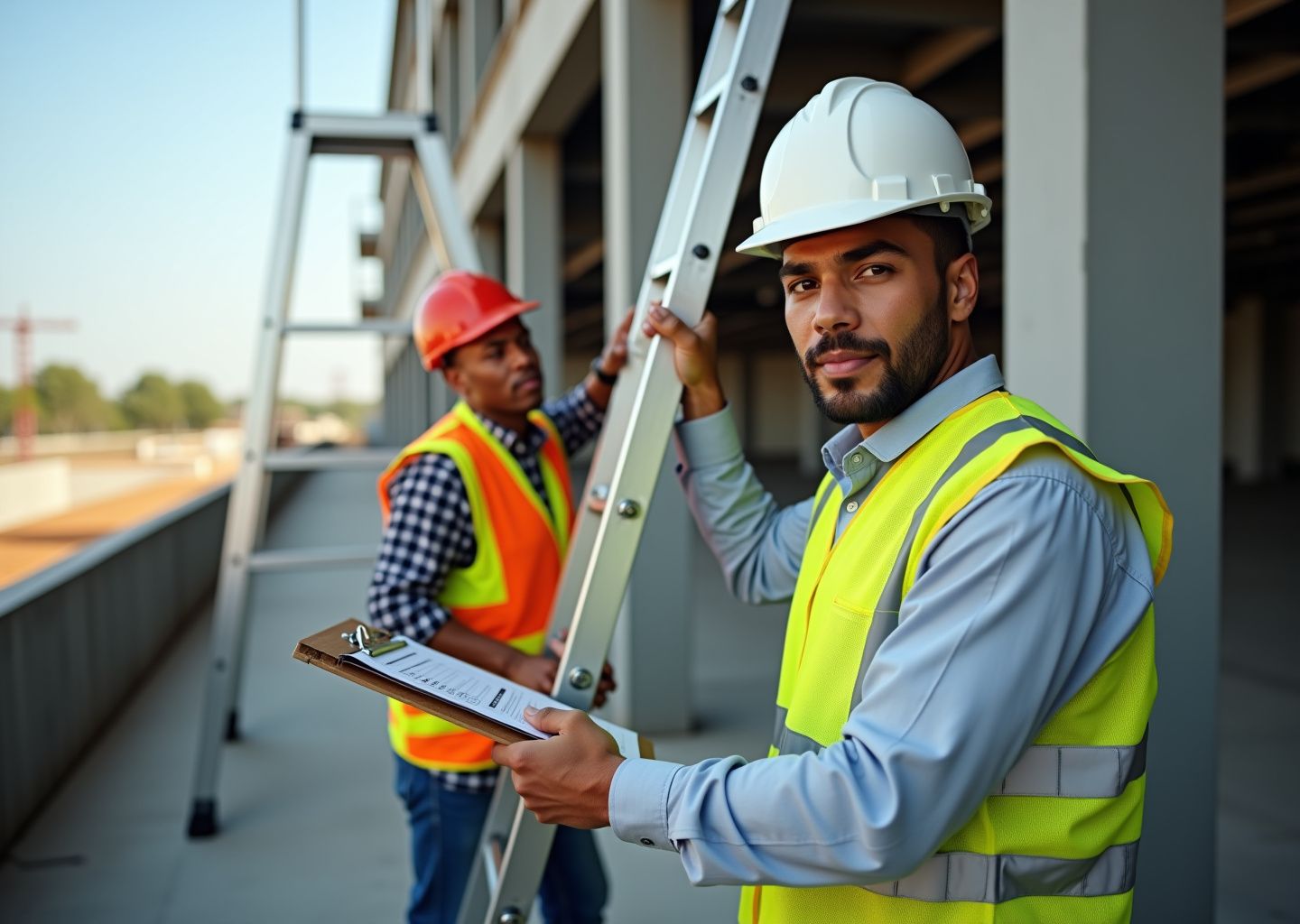 Safety supervisor setting up an extension ladder wearing PPE with a stepladder and a fixed ladder with a ladder safety system in the background and an OSHA checklist on a clipboard