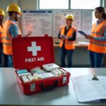 Open workplace first aid kit with supplies, ANSI checklist, inspection log on clipboard, workers and OSHA safety board in background