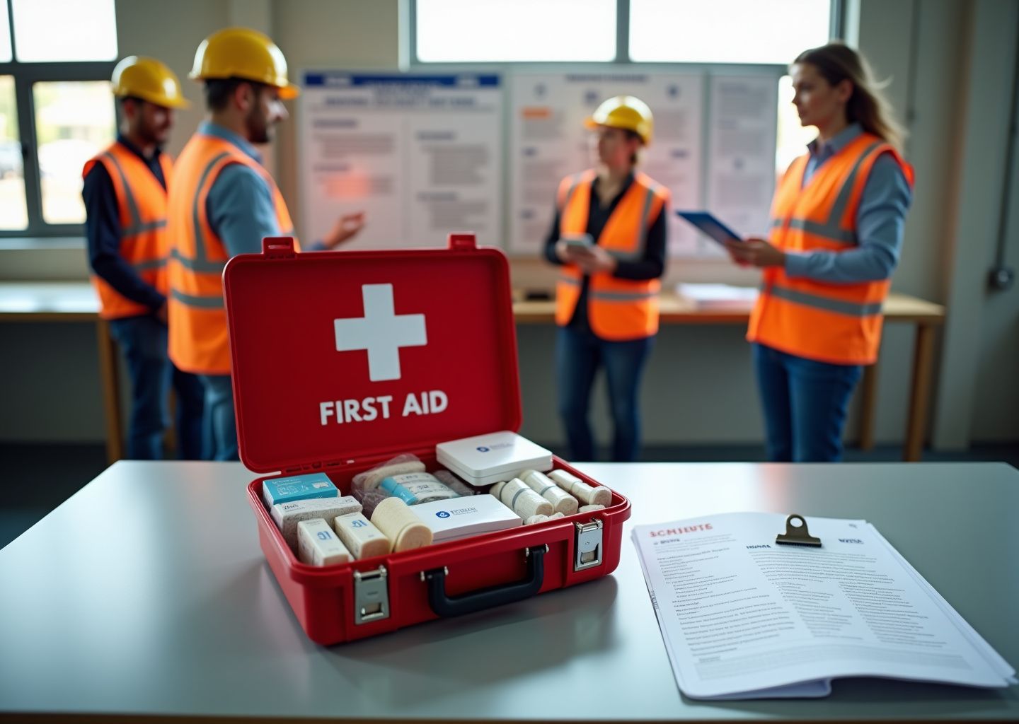 Open workplace first aid kit with supplies, ANSI checklist, inspection log on clipboard, workers and OSHA safety board in background