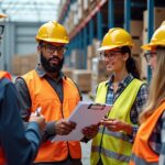 Supervisor leading a toolbox talk with a diverse crew wearing PPE, clipboard checklist and OSHA safety poster visible