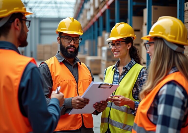 Supervisor leading a toolbox talk with a diverse crew wearing PPE, clipboard checklist and OSHA safety poster visible