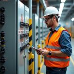 Warehouse electrical panel with clearly marked three foot clearance zone, OSHA safety sign, and a worker inspecting the panel