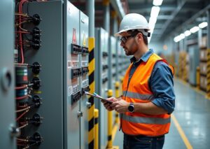 Warehouse electrical panel with clearly marked three foot clearance zone, OSHA safety sign, and a worker inspecting the panel