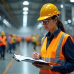 Safety manager filling out OSHA 300 log on clipboard in a manufacturing facility with workers in PPE visible in the background