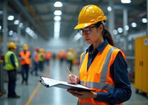 Safety manager filling out OSHA 300 log on clipboard in a manufacturing facility with workers in PPE visible in the background