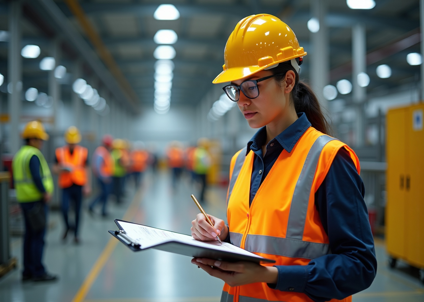 Safety manager filling out OSHA 300 log on clipboard in a manufacturing facility with workers in PPE visible in the background