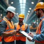 Workers from construction, warehouse, and manufacturing demonstrating PPE, scaffold inspection, lockout tagout and checklist review for OSHA compliance