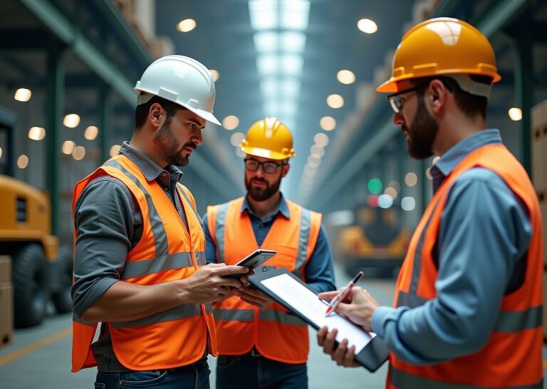 Workers from construction, warehouse, and manufacturing demonstrating PPE, scaffold inspection, lockout tagout and checklist review for OSHA compliance