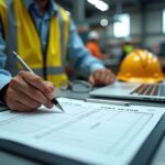 Supervisor reviewing OSHA Forms 300 300A and 301 on a clipboard at a factory desk with laptop, hard hat, and workers visible in background