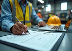 Supervisor reviewing OSHA Forms 300 300A and 301 on a clipboard at a factory desk with laptop, hard hat, and workers visible in background