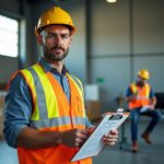 Safety manager with clipboard reviewing OSHA forms while a bandaged worker stands in a warehouse with PPE visible and a computer screen showing an incident log