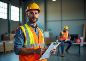 Safety manager with clipboard reviewing OSHA forms while a bandaged worker stands in a warehouse with PPE visible and a computer screen showing an incident log